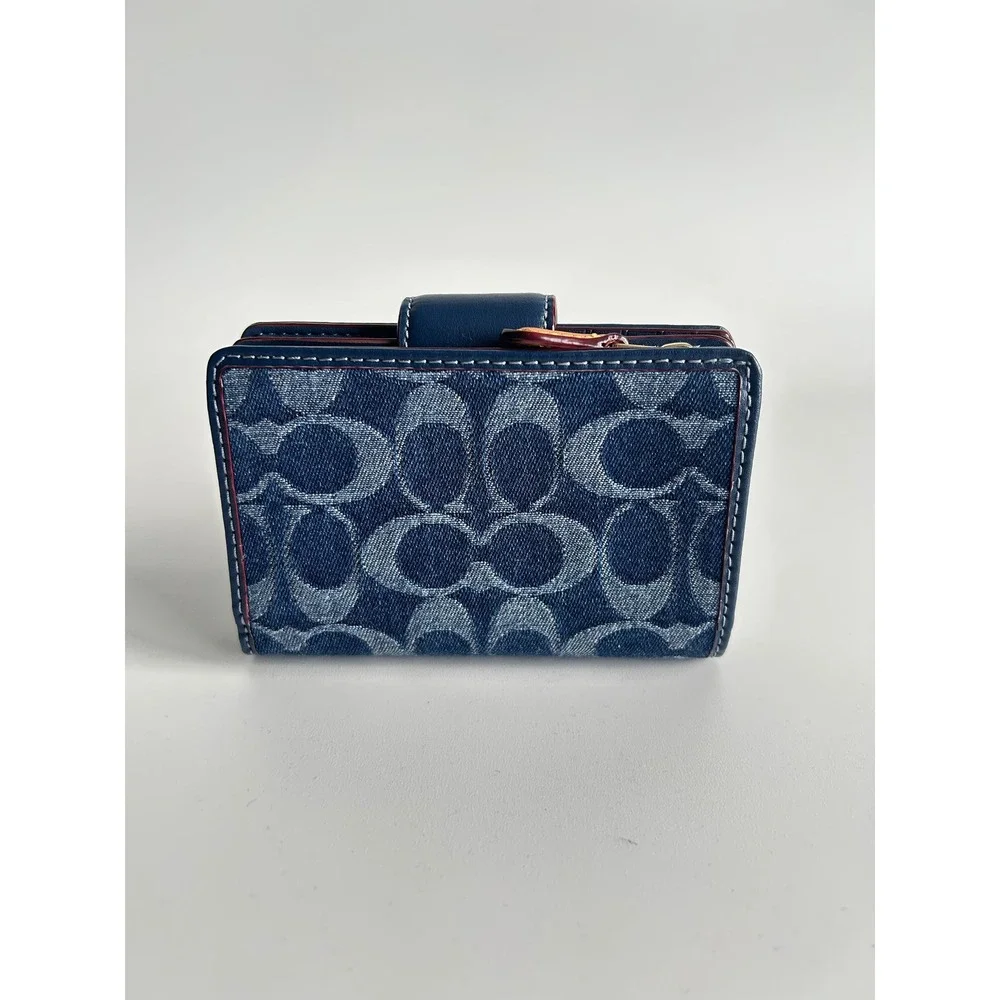 Coach Medium Corner Zip Wallet Navy Blue Signature Chambray Leather Excellent